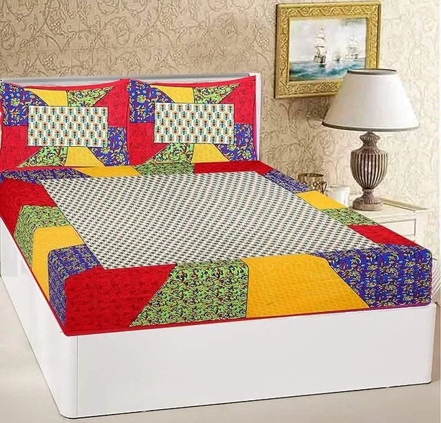 Jaipuri Cotton Double Bedsheet with 2 Pillow Covers | 80x90 Inch | Floral Patch | Traditional Rajasthani Print