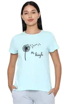 Round Neck Printed T-Shirt for Women (Aqua Blue, S)