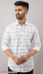 Cotton Blend Checked Shirt for Men, White 