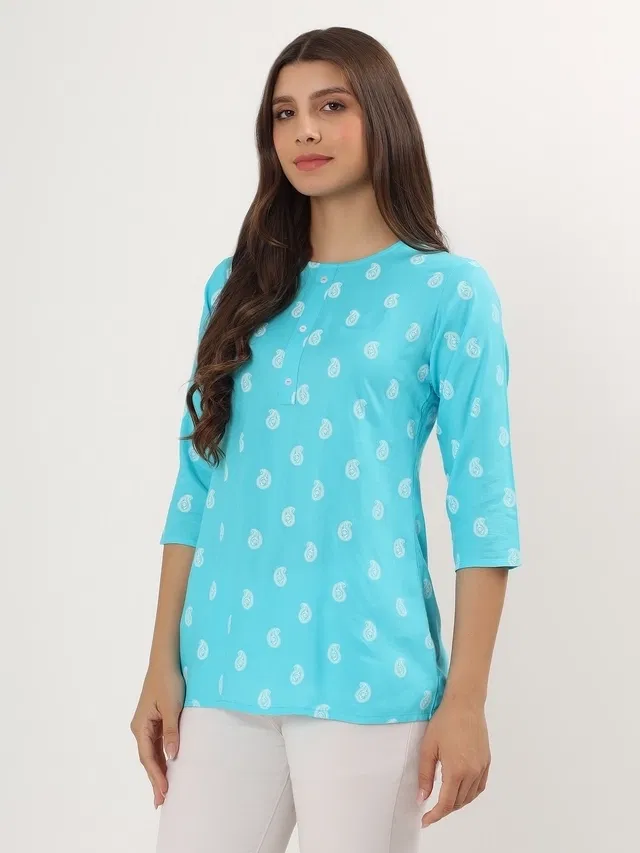 Womens Block print short Kurti (Blue M)