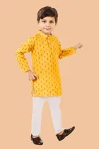 Cotton Blend Printed Kurta with Payjama for Boys, Yellow & White 
