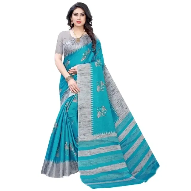 Art Silk Printed Saree for Women (Blue)