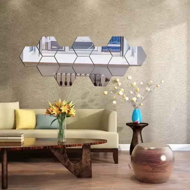 Acrylic Hexagon Shaped Wall Mirror Stickers (Silver, Pack of 12)