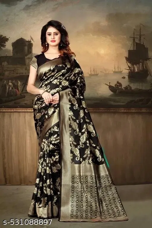 Art Silk Saree for Women (Black, Free Size)