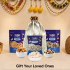 Designer Potli + Navguni Makhana (5+ Suta) 200 g + Navguni Panchmeva Prasadam 125 g + Navguni Chhuara (Yellow) 250 g