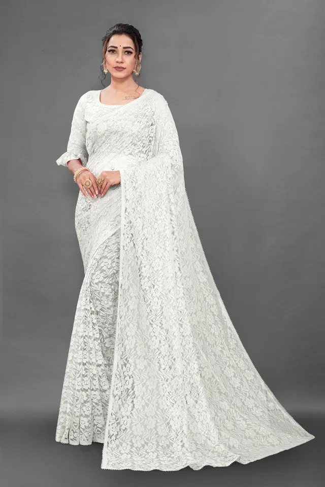 Net Floral Saree for Women (White , 6.3 m)