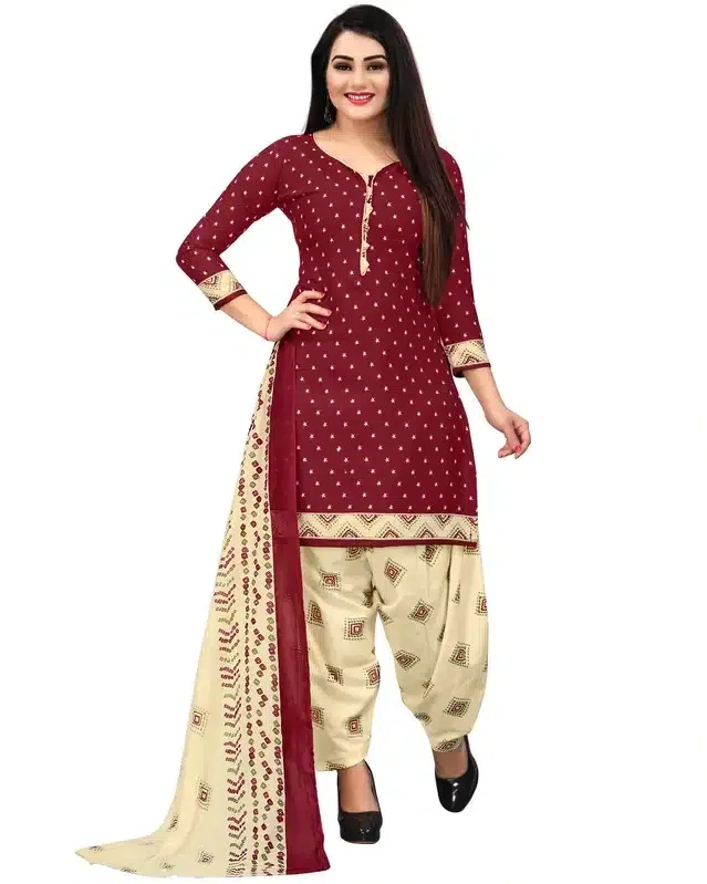 Cotton Blend Printed Unstitched Suit for Women (Red & Cream)