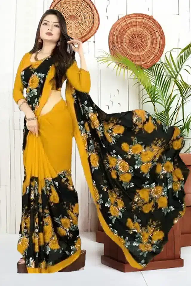 Georgette Saree with Unstitched Blouse Piece for Women (Yellow, 6 m)