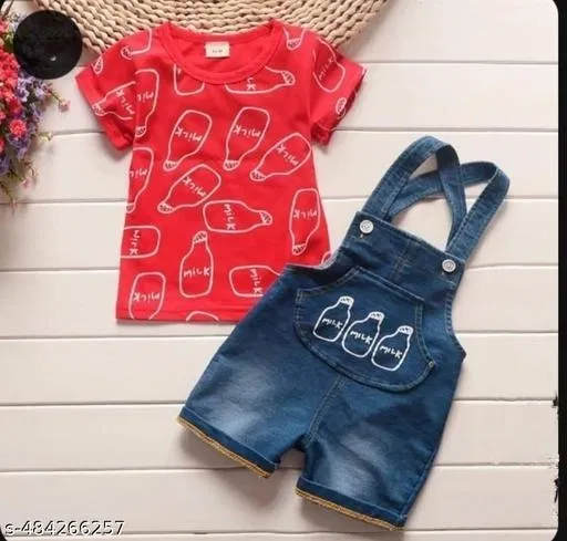 Hosiery Cotton & Denim Printed Clothing Set for Kids, Red (0-3 Months)