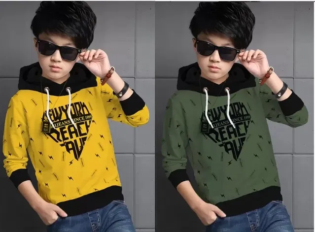Cotton Blend Hooded Sweatshirts for Boys (Mustard & Olive, 13-14 Years) (Pack of 2)