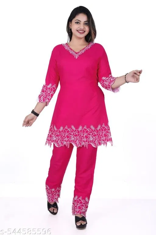 Rayon Embroidery Kurta Set for Women (Pink, XL)