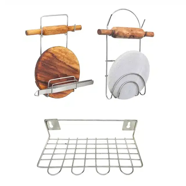 2 Pcs Stainless Steel Chakla Belan Stand & Utensil Holder (Set of 3, Silver)
