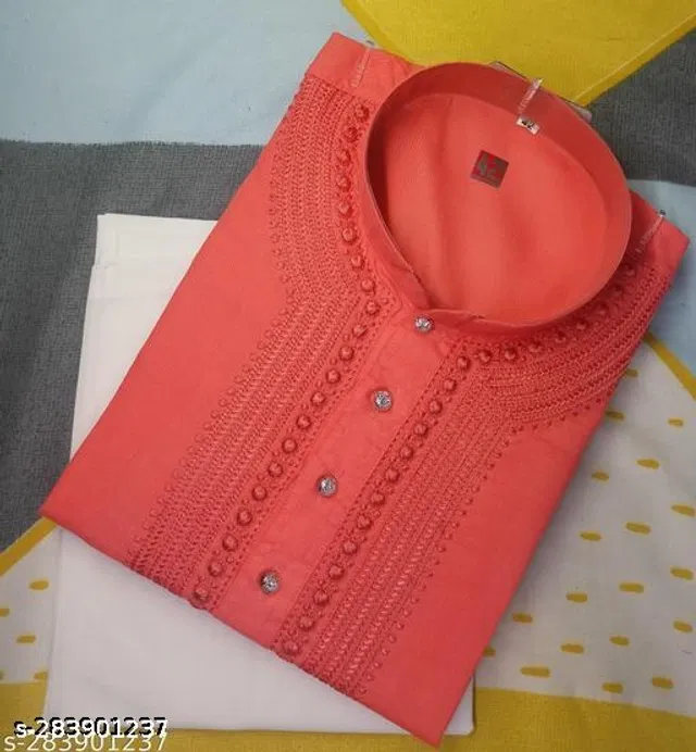 Cotton Embroidered Kurta with Pyjama for Men (Peach & White, XXL)