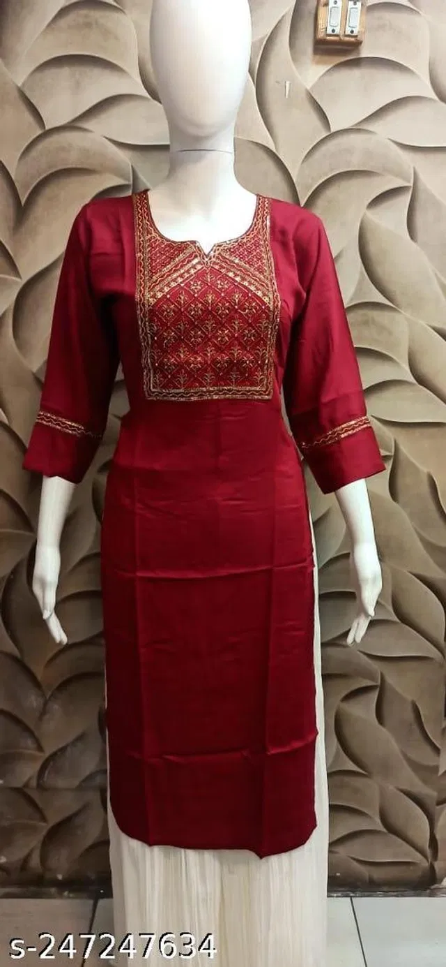 Rayon Slub Printed Kurti for Women (Maroon, L)