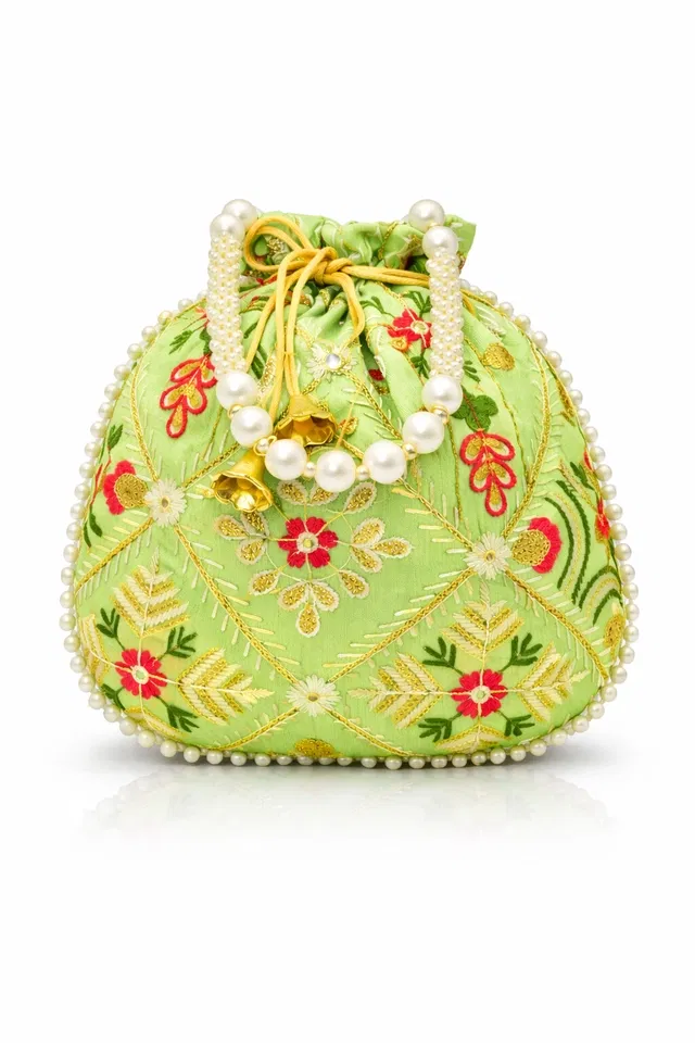 Handcrafted Embroidered Silk Potli Bag, Green