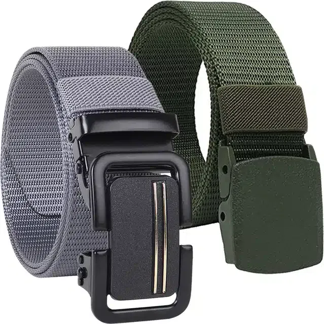 Casual Nylon Belt for Men (Grey & Green, Pack of 2)