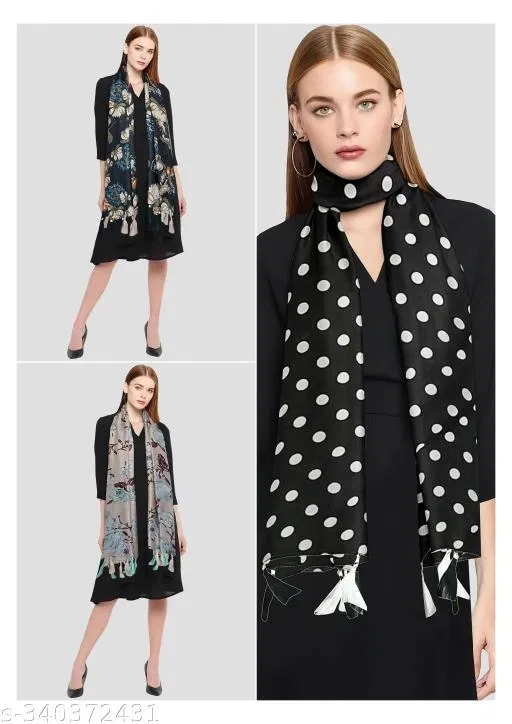 Chiffon Printed Scarves for Women, Black, Pack of 3
