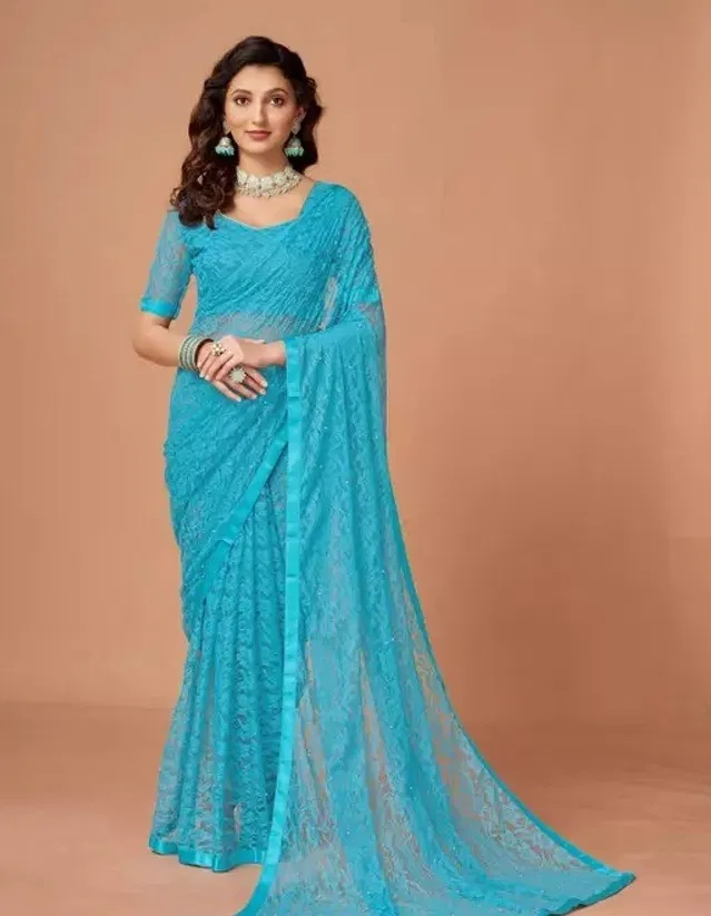 Net Solid Saree for Women (Sky Blue, 6.3 m)