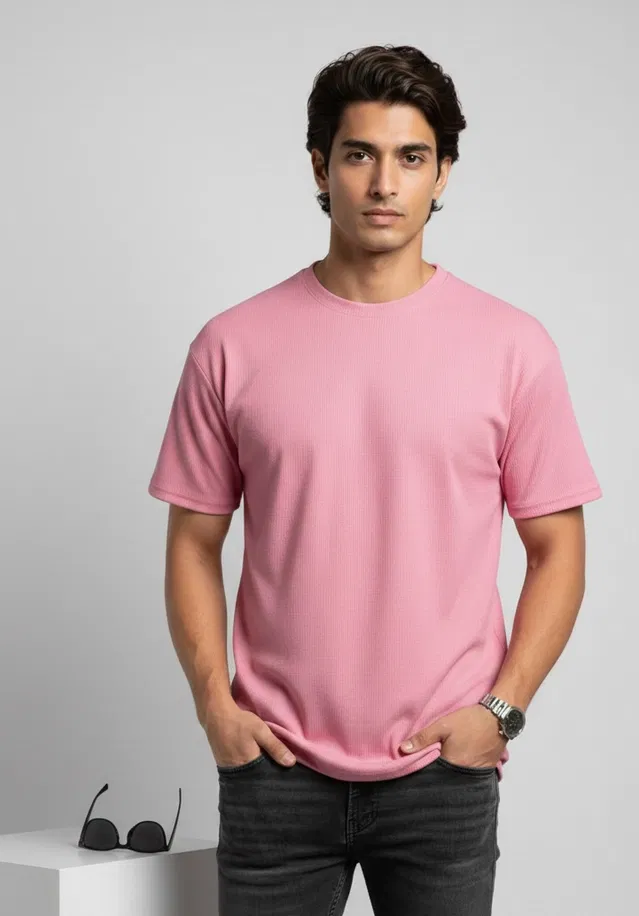 Polyester Round Neck T-shirt for Men, Pink (XL)