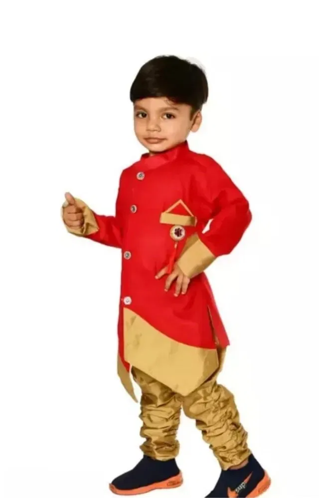 Cotton Blend Kurta with Payjama for Boys (Red & Brown, 3-4 Years)
