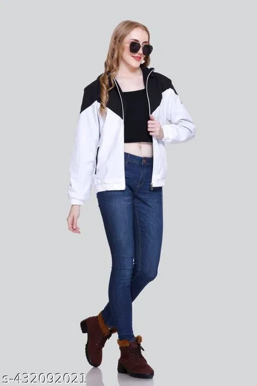 Nylon Solid Jackets for Women (Black & White, L)