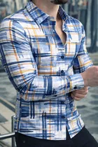 Lycra Geometric Print Shirt for Men, Blue 