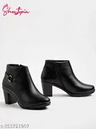 Shoetopia Solid Synthetic Block Heel Boots Black 