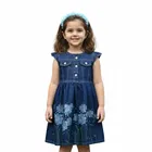 Denim Printed Frock  For Girls, Blue 
