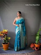 Litchi Silk Botanical Saree for Women, Blue 