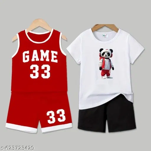 Cotton Blend Printed Clothing Set for Boys, Red & White, Pack Of 2 (18-24 Months)