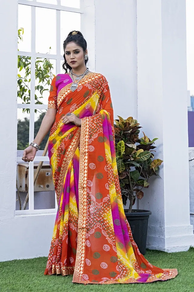 Georgette Printed Saree for Women (Orange, 6.3 m)