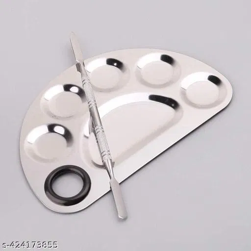 Stainless Steel Cosmetic 5 Dip Makeup Mixing Plate with Spatula Tool for Women (Silver)