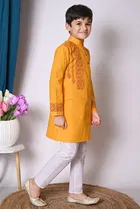 Cotton Printed Kurta with Payjama for Boys, Yellow & White 