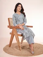 Cotton Blend Printed Kurta with Pant for Women (Grey, S)