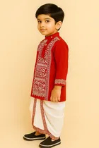 Cotton Printed Kurta with Dhoti for Boys, Red & White 