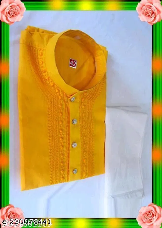 Cotton Embroidered Kurta with Pyjama for Men (Yellow & White, XXXL)