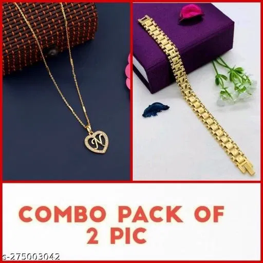 Alloy Pendant with Chain & Bracelet for Women (Multicolor, Set of 2)