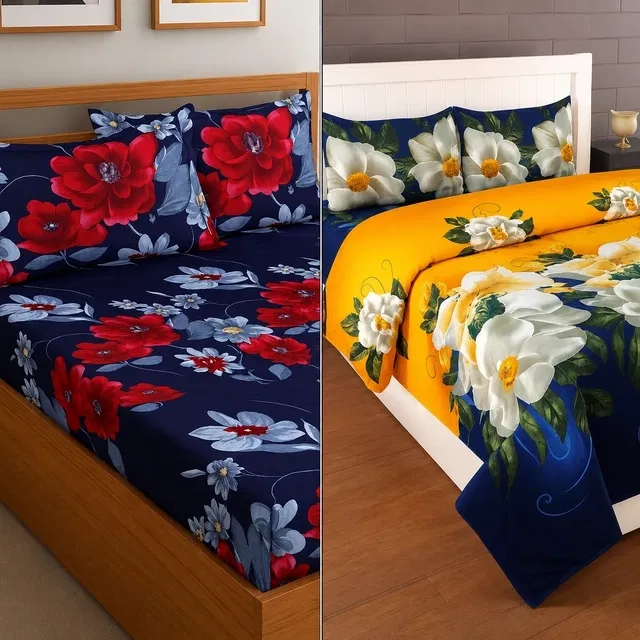 Polycotton Double Bedsheet with 2 Pillow Cover 88x88 Inch (Blue) & (Multicolor) Pack of 2