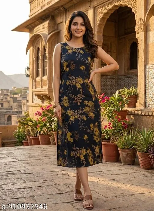 Floral Printed Kurti for Women (Black, S)