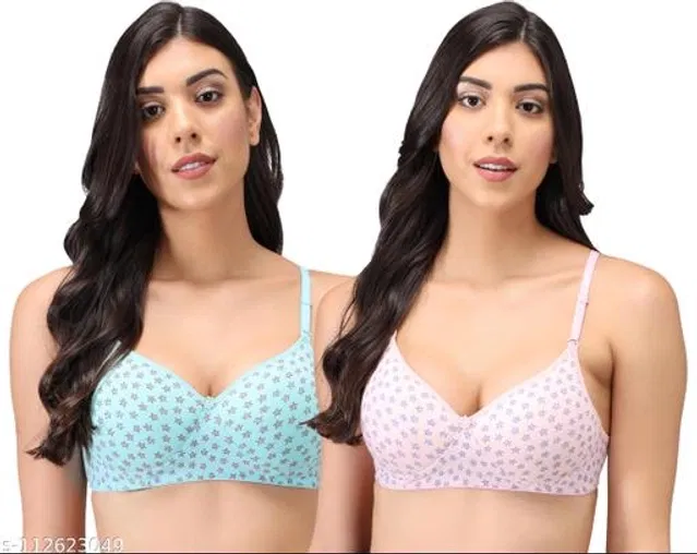 Cotton Blend Printed Padded Bra for Women (Sky Blue & Pink, 30B) (Pack of 2)