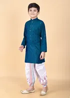 Rayon Embellished Kurta with Dhoti for Boys, Teal & White 