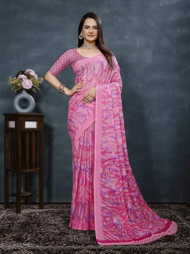 Georgette Printed Saree for Women (Pink, 6.3 m)