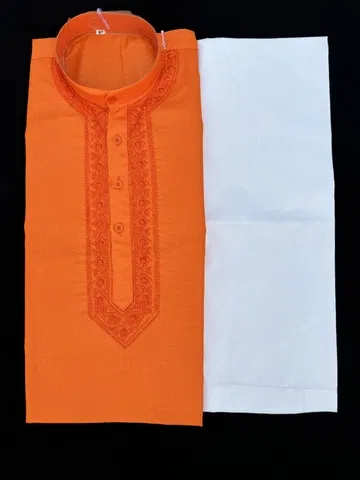 Cotton Full Sleeves Embroidered Kurta Set for Men (Orange & White, XXL)