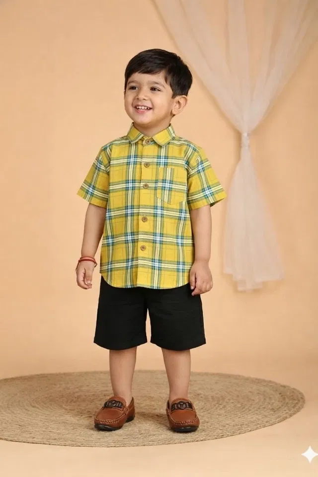 Poly Cotton Printed Shirt for boys, Yellow (3-4 Years)