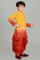 Dupion Silk Printed Kurta with Dhoti for Boys, Yellow & Red 