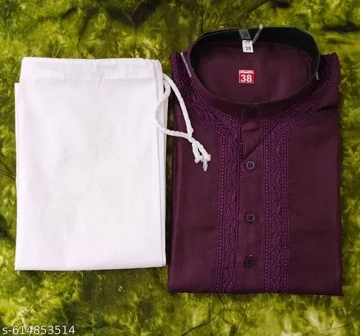 Cotton Solid Kurta Set for Men, White & Purple (L)