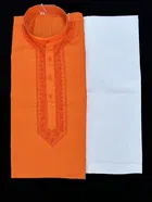 Cotton Full Sleeves Embroidered Kurta Set for Men (Orange & White, M)