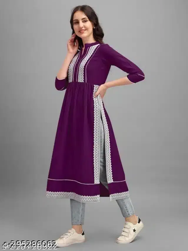 Naira Cut Rayon Embellished Kurti for Women (Purple, XXL)