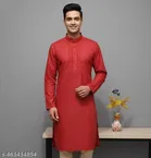 Cotton Solid Kurta Set for Men, Red & White 