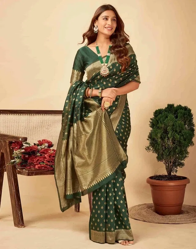 Silk Woven Design Saree for Women, Bottle Green (6.3 m)